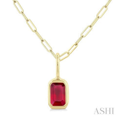 6x4 MM Bezel Set Emerald Cut Ruby Precious Fashion Pendant With Paperclip Chain in 14K Yellow Gold