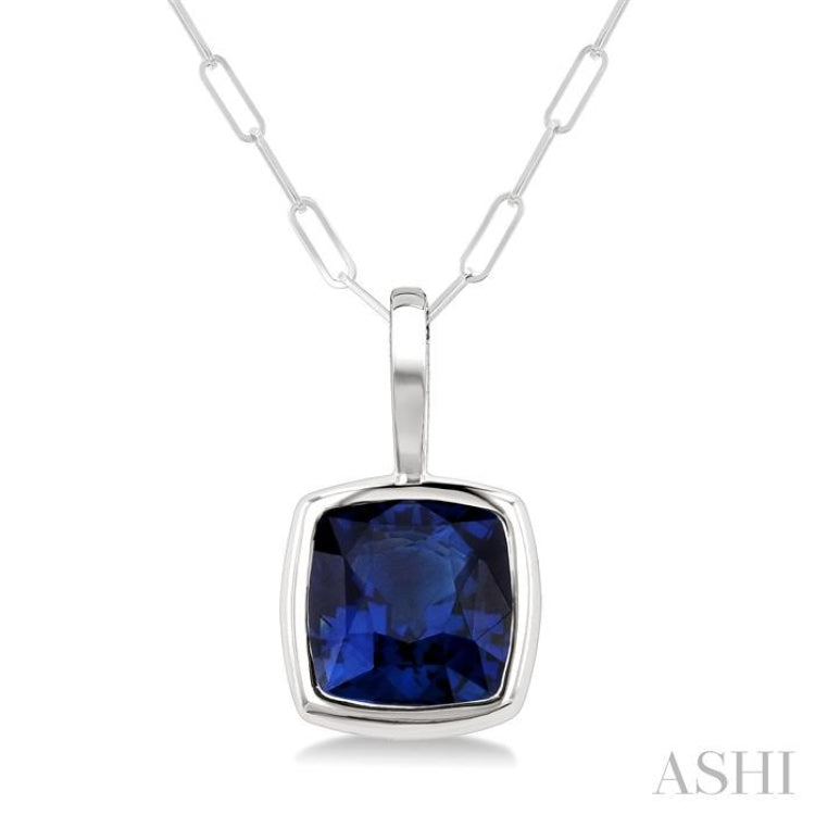 5x5 MM Cushion Cut Bezel Set Sapphire Precious Pendant With Chain in 14K White Gold