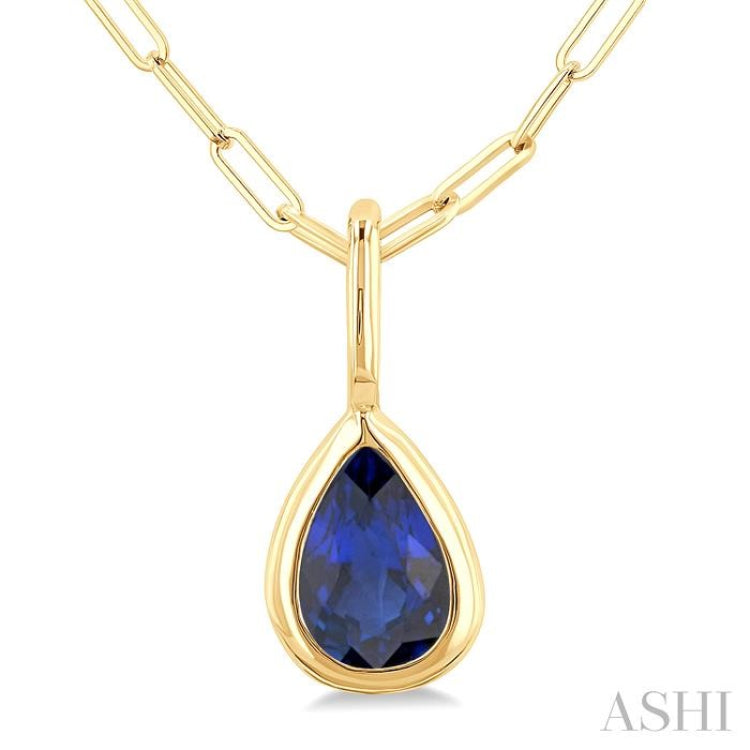 6x4 MM Bezel Set Pear Cut Sapphire Precious Fashion Pendant With Paperclip Chain in 14K Yellow Gold