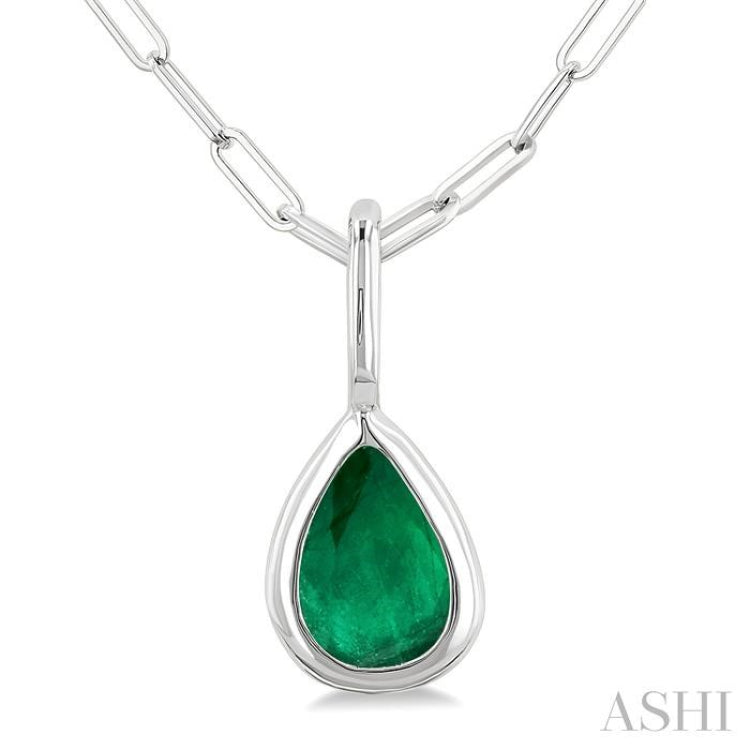 6x4 MM Bezel Set Pear Cut Emerald Precious Fashion Pendant With Paperclip Chain in 10K White Gold