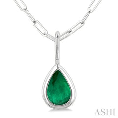 6x4 MM Bezel Set Pear Cut Emerald Precious Fashion Pendant With Paperclip Chain in 10K White Gold
