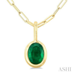 6x4 MM Bezel Set Oval Cut Emerald Precious Fashion Pendant With Paperclip Chain in 10K Yellow Gold