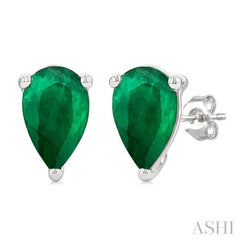 4X3 MM Pear Shape Emerald Precious Stud Earrings in 14K White Gold