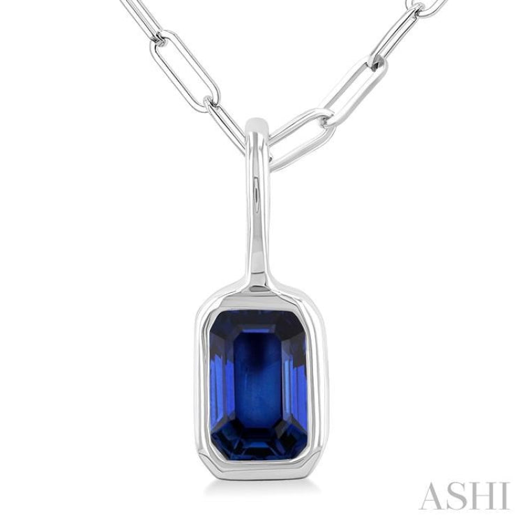 6x4 MM Bezel Set Emerald Cut Sapphire Precious Fashion Pendant With Paperclip Chain in 10K White Gold