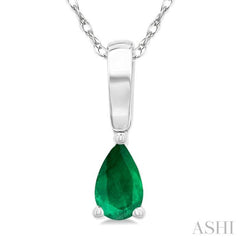 5X3 MM Pear Shape Emerald Precious Solitaire Pendant With Chain in 14K White Gold