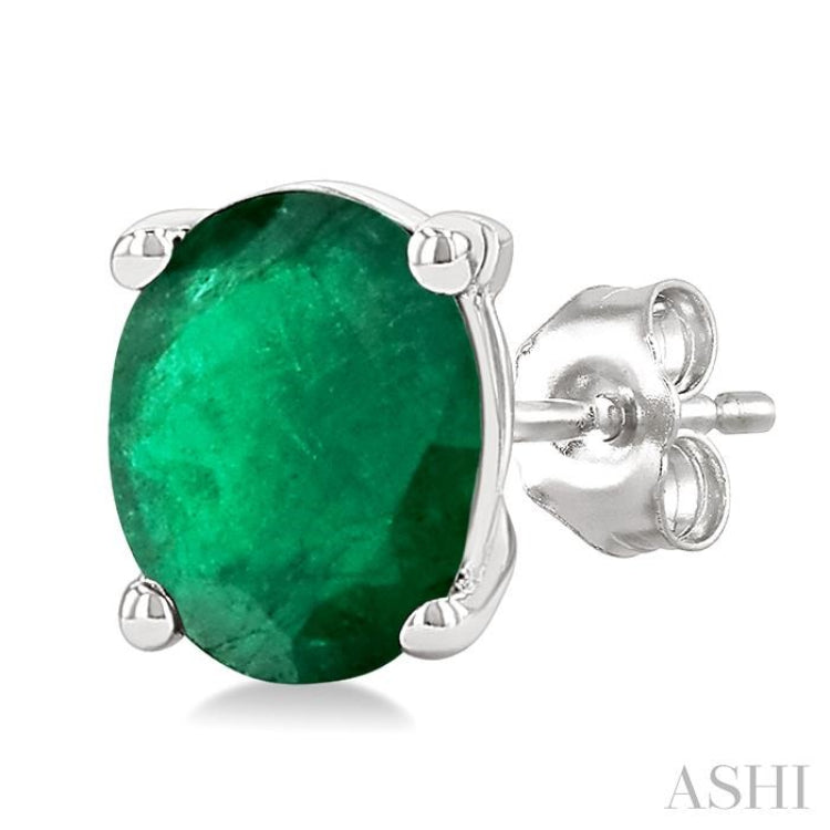 4X3 MM Oval Shape Emerald Precious Stud Earrings in 14K White Gold