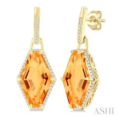 16x10 MM Hexagon Shape Citrine and 1/4 Ctw Round Cut Diamond Halo Semi-Precious Earrings in 14K Yellow Gold