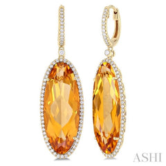 20x8 MM Oval Cut Citrine and 1/2 Ctw Round Cut Diamond Halo Semi-Precious Earrings in 14K Yellow Gold