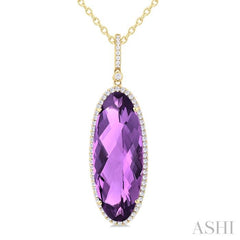 26x10 MM Oval Cut Amethyst and 1/3 Ctw Round Cut Diamond Semi-Precious Pendant With Chain in 14K Yellow Gold