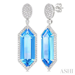 22x8 MM Hexagon Shape Blue Topaz and 7/8 Ctw Round Cut Diamond Halo Semi-Precious Earrings in 14K White Gold