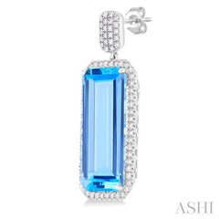 22x10 MM Emerald Cut Blue Topaz and 7/8 Ctw Round Cut Diamond Halo Semi-Precious Earrings in 14K White Gold
