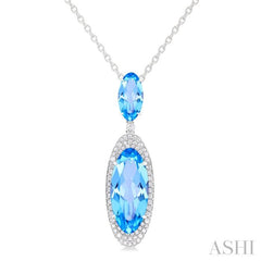18x8 MM & 10x5 MM Oval Cut Blue Topaz and 1/3 Ctw Round Cut Diamond Halo Semi-Precious Pendant With Chain in 14K White Gold