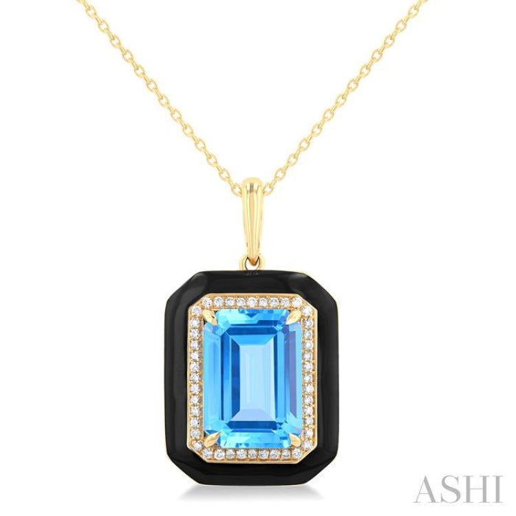14x10 MM Emerald Cut Blue Topaz and 1/5 Ctw Round Cut Diamond Halo & Black Enamel Border Semi-Precious Pendant With Chain in 14K Yellow Gold