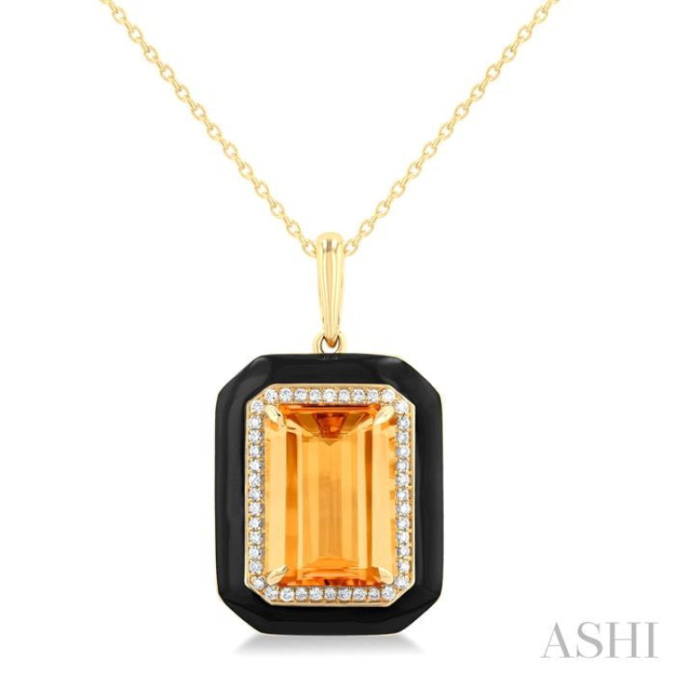 14x10 MM Emerald Cut Citrine and 1/5 Ctw Round Cut Diamond Halo & Black Enamel Border Semi-Precious Pendant With Chain in 14K Yellow Gold