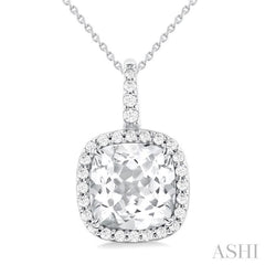 9X9 MM Cushion Cut White Topaz and 1/4 Ctw Round Cut Diamond Semi-precious Pendant in 14K White Gold with Chain