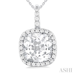 9X9 MM Cushion Cut White Topaz and 1/4 Ctw Round Cut Diamond Semi-precious Pendant in 14K White Gold with Chain