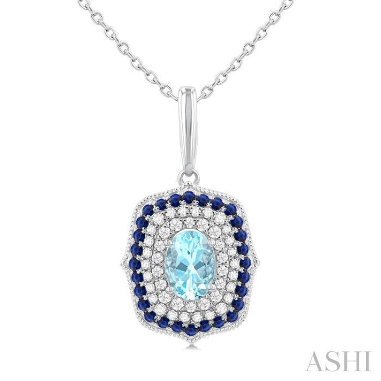 7x5 MM Oval Cut Aquamarine, 1.25MM Sapphire and 1/3 Ctw Round Cut Diamond Halo Precious and Semi-Precious Fashion Pendant With Chain in 14K White Gold