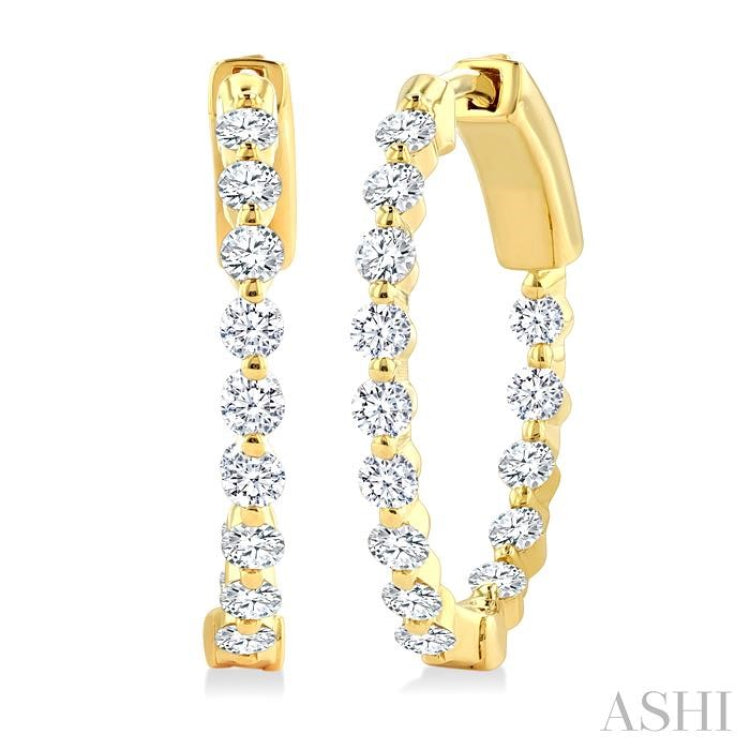1 Ctw Inside-Out Single Prong Set Round Cut Diamond Hoop Earrings in 14K Yellow Gold