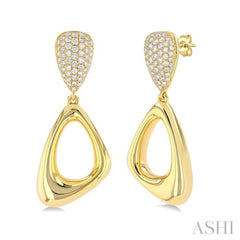 1 1/6 Ctw Dangler Inverted Pear Shape Round Cut Diamond Fashion Earrings in 14K Yellow Gold