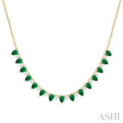 4x3 MM Pear Shape Emerald and 1/2 Ctw Round Cut Diamond Precious Tennis Necklace in 14K Yellow Gold