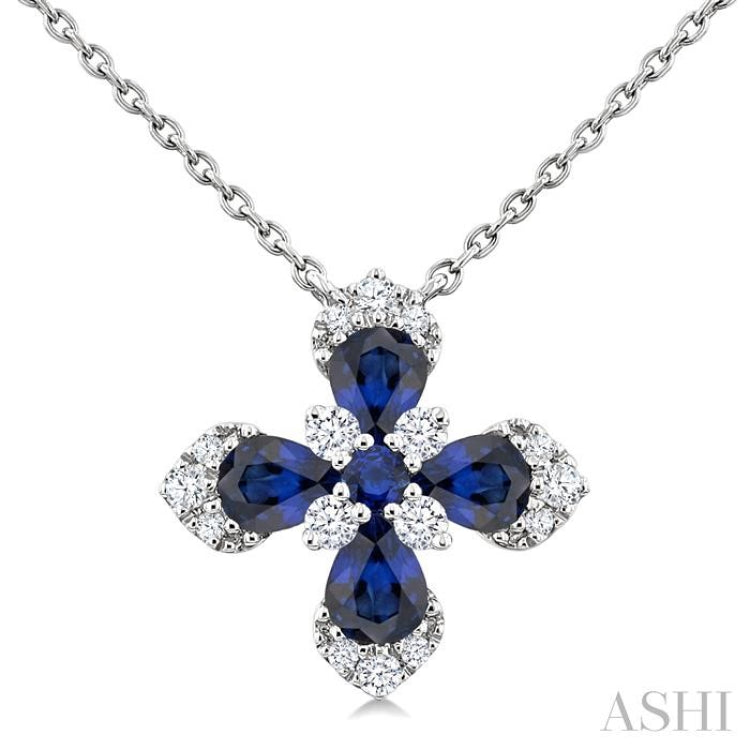 4x3 MM Pear and 2 MM Round Sapphire and 1/6 Ctw Round Cut Diamond Floral Blossom Precious Pendant With Chain in 14K white Gold
