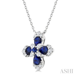 4x3 MM Pear and 2 MM Round Sapphire and 1/6 Ctw Round Cut Diamond Floral Blossom Precious Pendant With Chain in 14K white Gold