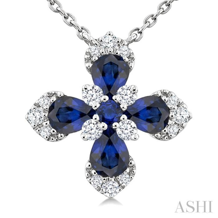 4x3 MM Pear and 2 MM Round Sapphire and 1/6 Ctw Round Cut Diamond Floral Blossom Precious Pendant With Chain in 14K white Gold