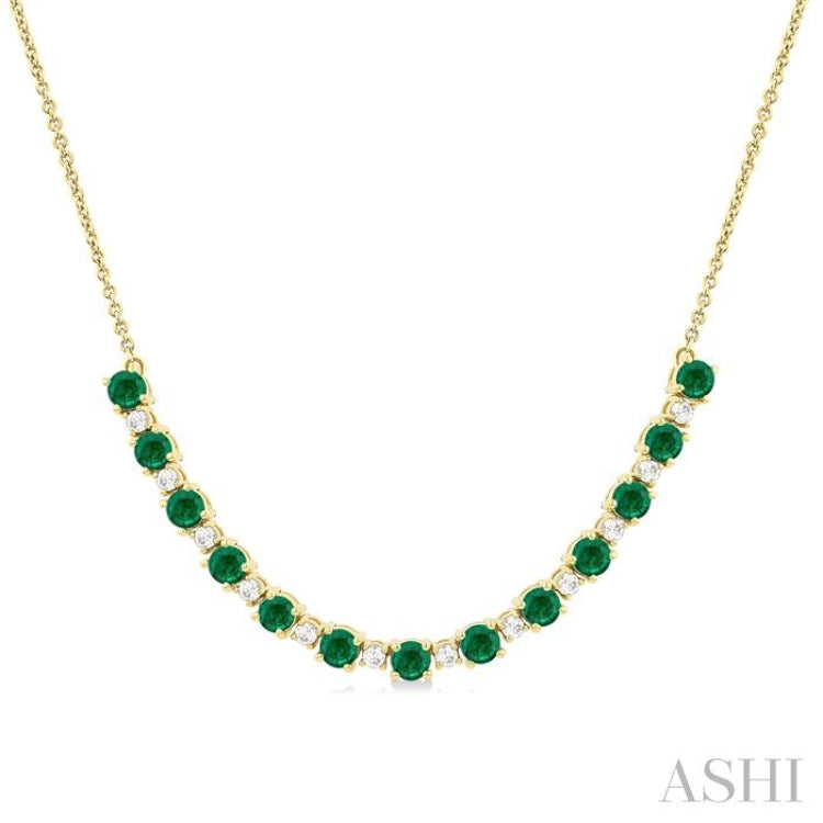 3.5 MM Round Shape Emerald and 1/2 Ctw Round Cut Diamond Precious Tennis Necklace in 14K Yellow Gold