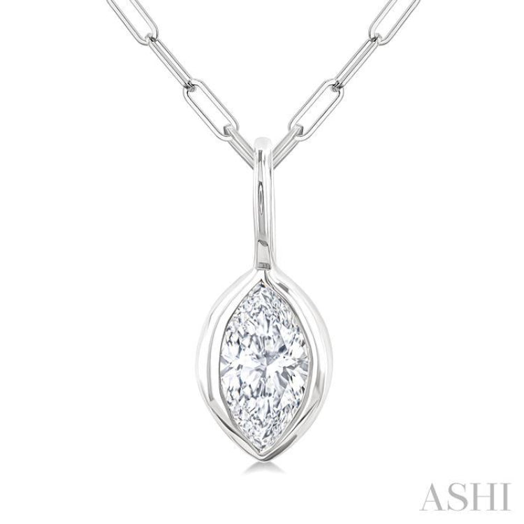 1/5 Ctw Marquise Cut Bezel Set Diamond Fashion Pendant With Paperclip Chain in 10K White Gold