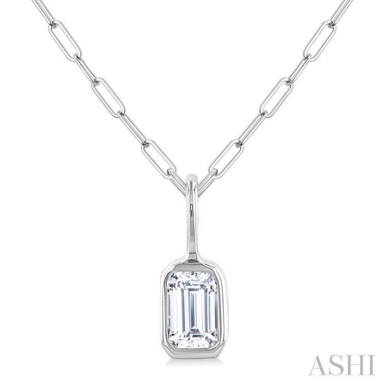 1/5 Ctw Emerald Cut Bezel Set Diamond Fashion Pendant With Paperclip Chain in 10K White Gold