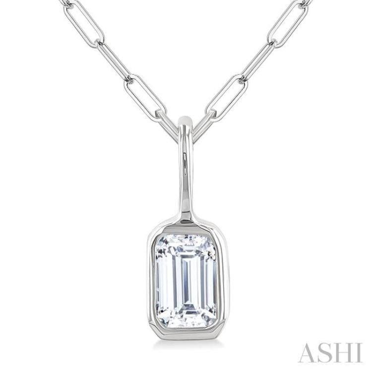 1/5 Ctw Emerald Cut Bezel Set Diamond Fashion Pendant With Paperclip Chain in 10K White Gold