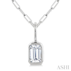 1/5 Ctw Emerald Cut Bezel Set Diamond Fashion Pendant With Paperclip Chain in 10K White Gold