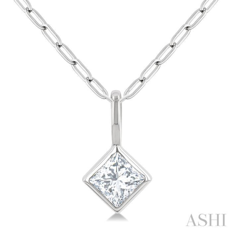 1/5 Ctw Princess Cut Bezel Set Diamond Fashion Pendant with Paperclip Chain in 10K White Gold