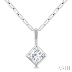 1/5 Ctw Princess Cut Bezel Set Diamond Fashion Pendant with Paperclip Chain in 10K White Gold