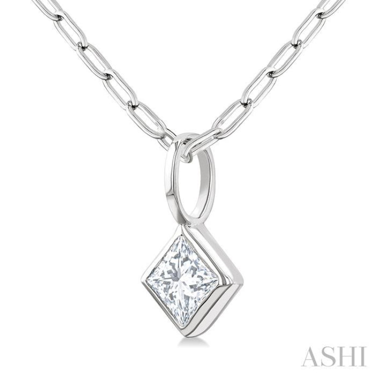 1/5 Ctw Princess Cut Bezel Set Diamond Fashion Pendant with Paperclip Chain in 10K White Gold