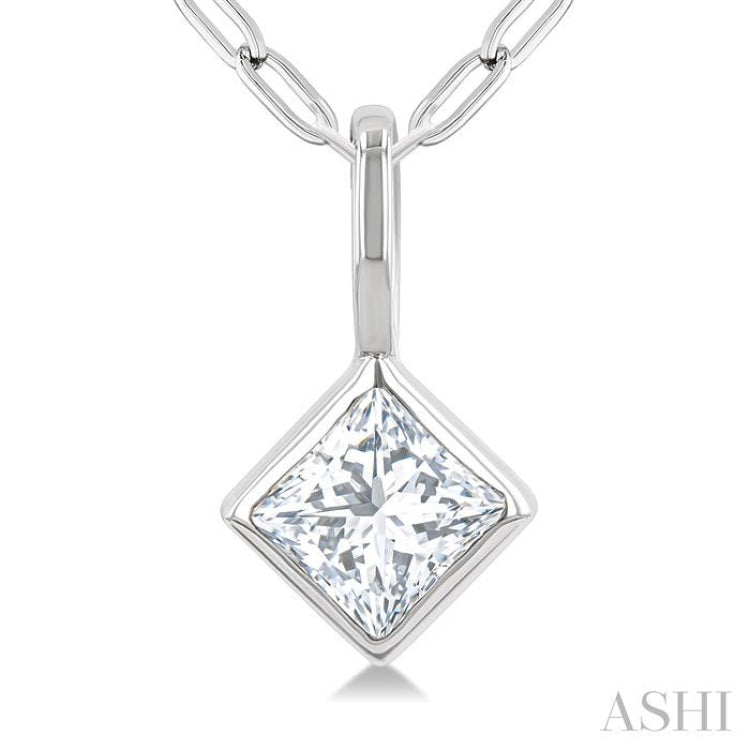 1/5 Ctw Princess Cut Bezel Set Diamond Fashion Pendant with Paperclip Chain in 10K White Gold