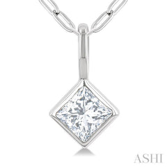 1/5 Ctw Princess Cut Bezel Set Diamond Fashion Pendant with Paperclip Chain in 10K White Gold