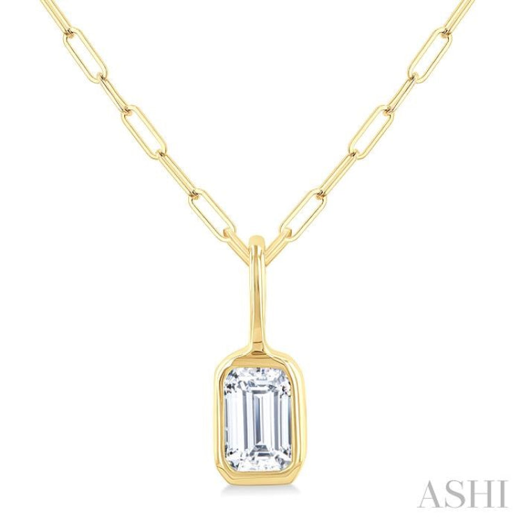 1/5 Ctw Emerald Cut Bezel Set Diamond Fashion Pendant With Paperclip Chain in 10K Yellow Gold