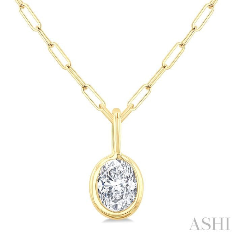 1/5 Ctw Oval Cut Bezel Set Diamond Fashion Pendant With Paperclip Chain in 10K Yellow Gold