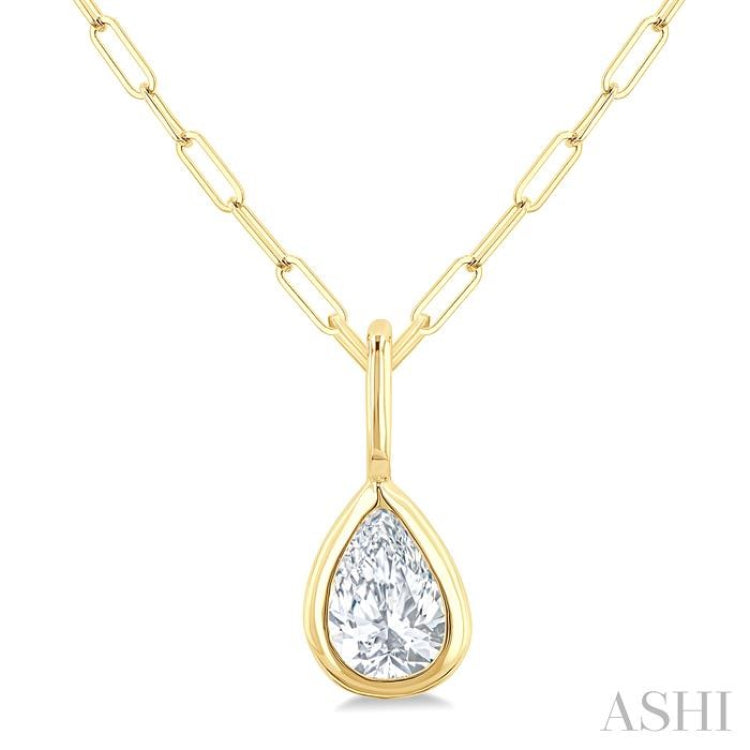 1/5 Ctw Pear Cut Bezel Set Diamond Fashion Pendant With Paperclip Chain in 10K Yellow Gold