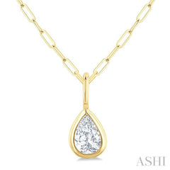 1/5 Ctw Pear Cut Bezel Set Diamond Fashion Pendant With Paperclip Chain in 10K Yellow Gold
