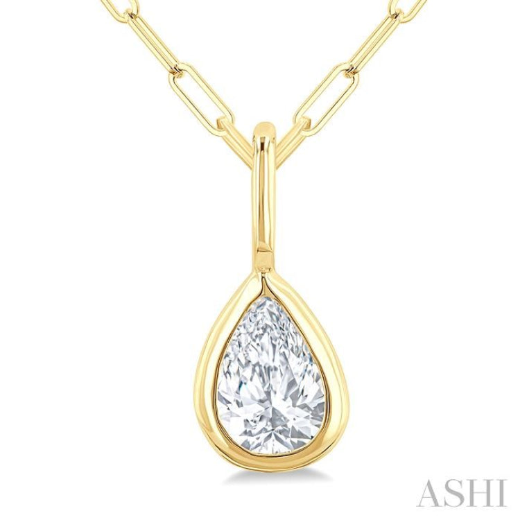1/5 Ctw Pear Cut Bezel Set Diamond Fashion Pendant With Paperclip Chain in 10K Yellow Gold