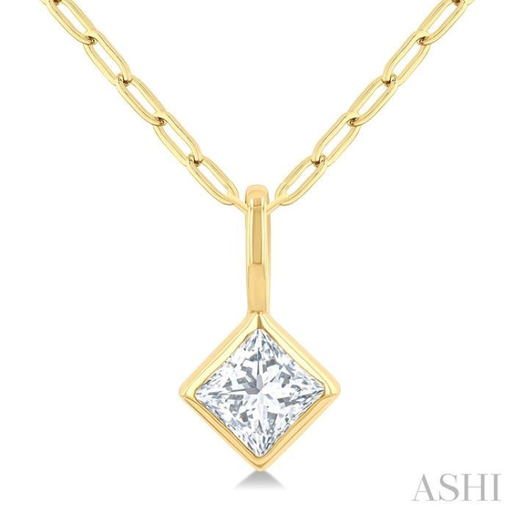 1/5 Ctw Princess Cut Bezel Set Diamond Fashion Pendant with Paperclip Chain in 10K Yellow Gold