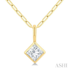 1/5 Ctw Princess Cut Bezel Set Diamond Fashion Pendant with Paperclip Chain in 10K Yellow Gold