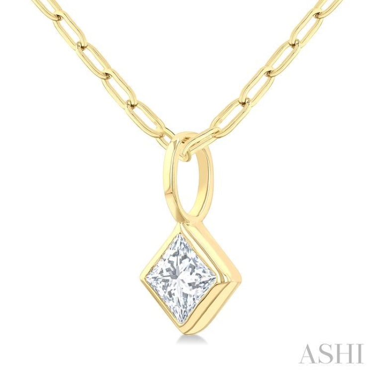 1/5 Ctw Princess Cut Bezel Set Diamond Fashion Pendant with Paperclip Chain in 10K Yellow Gold