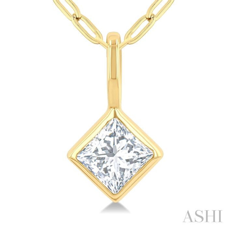 1/5 Ctw Princess Cut Bezel Set Diamond Fashion Pendant with Paperclip Chain in 10K Yellow Gold