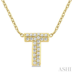 1/10 Ctw Initial 'T' Round Cut Diamond Fashion Pendant With Chain in 10K Yellow Gold