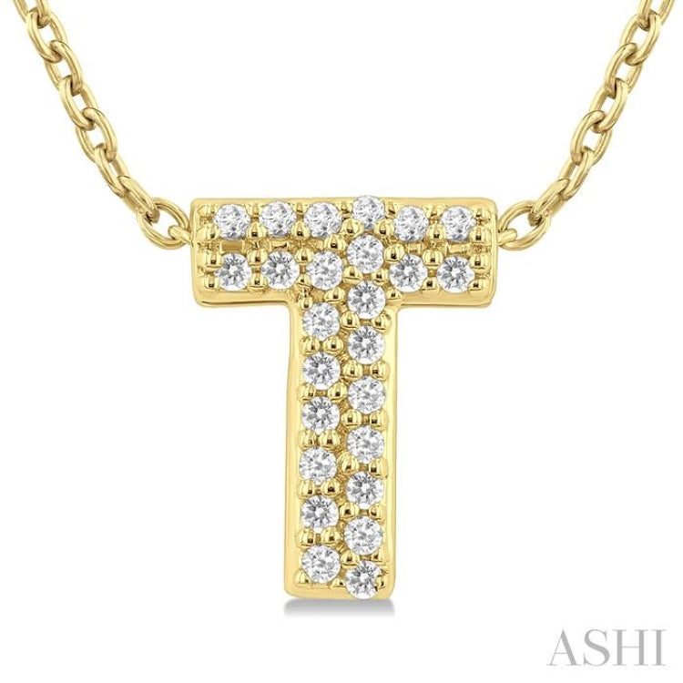 1/10 Ctw Initial 'T' Round Cut Diamond Fashion Pendant With Chain in 10K Yellow Gold