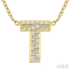 1/10 Ctw Initial 'T' Round Cut Diamond Fashion Pendant With Chain in 10K Yellow Gold