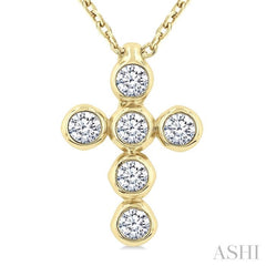 1/6 Ctw Round Cut Diamond 6-Stone Bezel Set Cross Pendant With Chain in 14K Yellow Gold